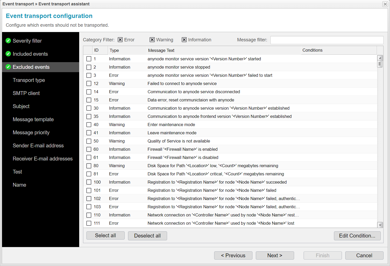 Screenshot: anynode event transport assistant with excluded events.