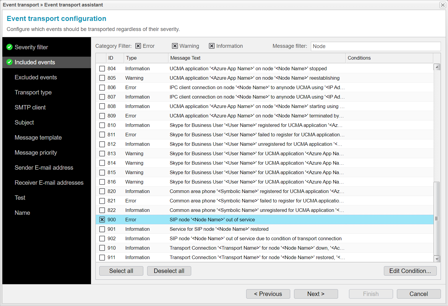 Screenshot: anynode event transport assistant with included events.