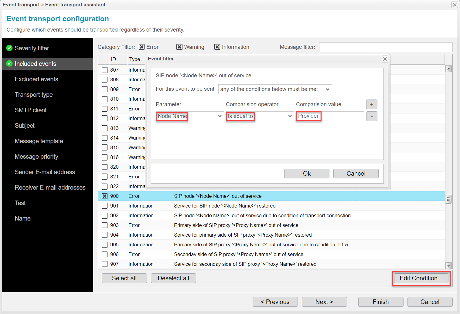 Screenshot: anynode event transport assistant with included events and event filter.