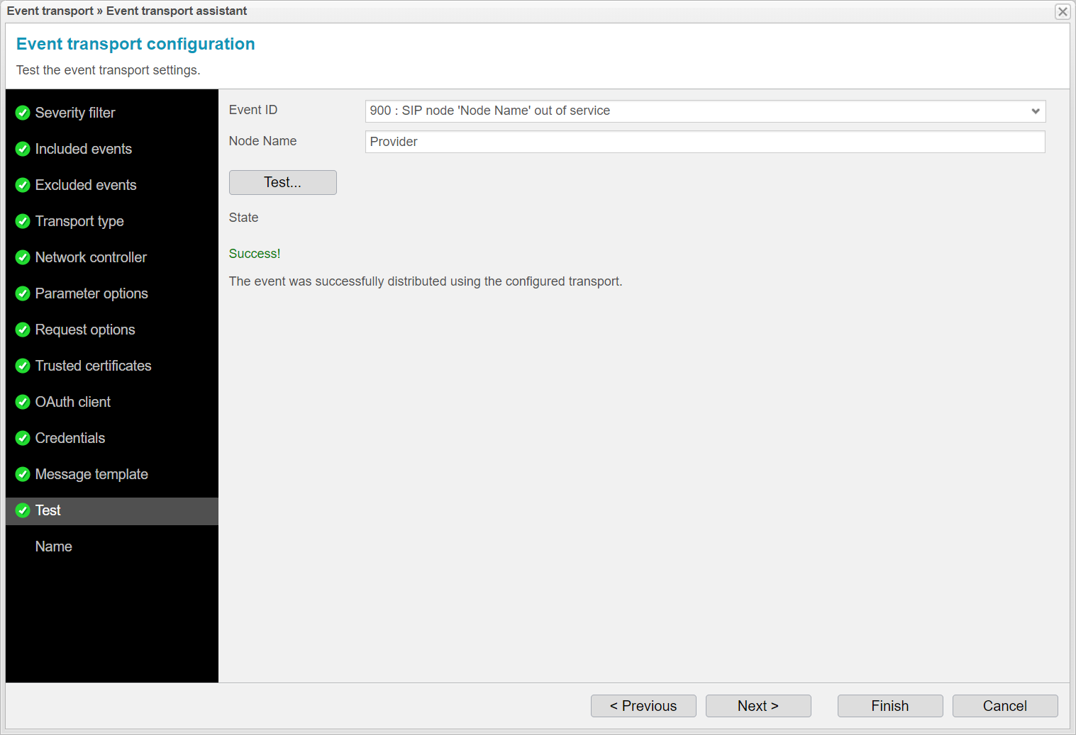 Screenshot: anynode event transport assistant with integrated test function. 