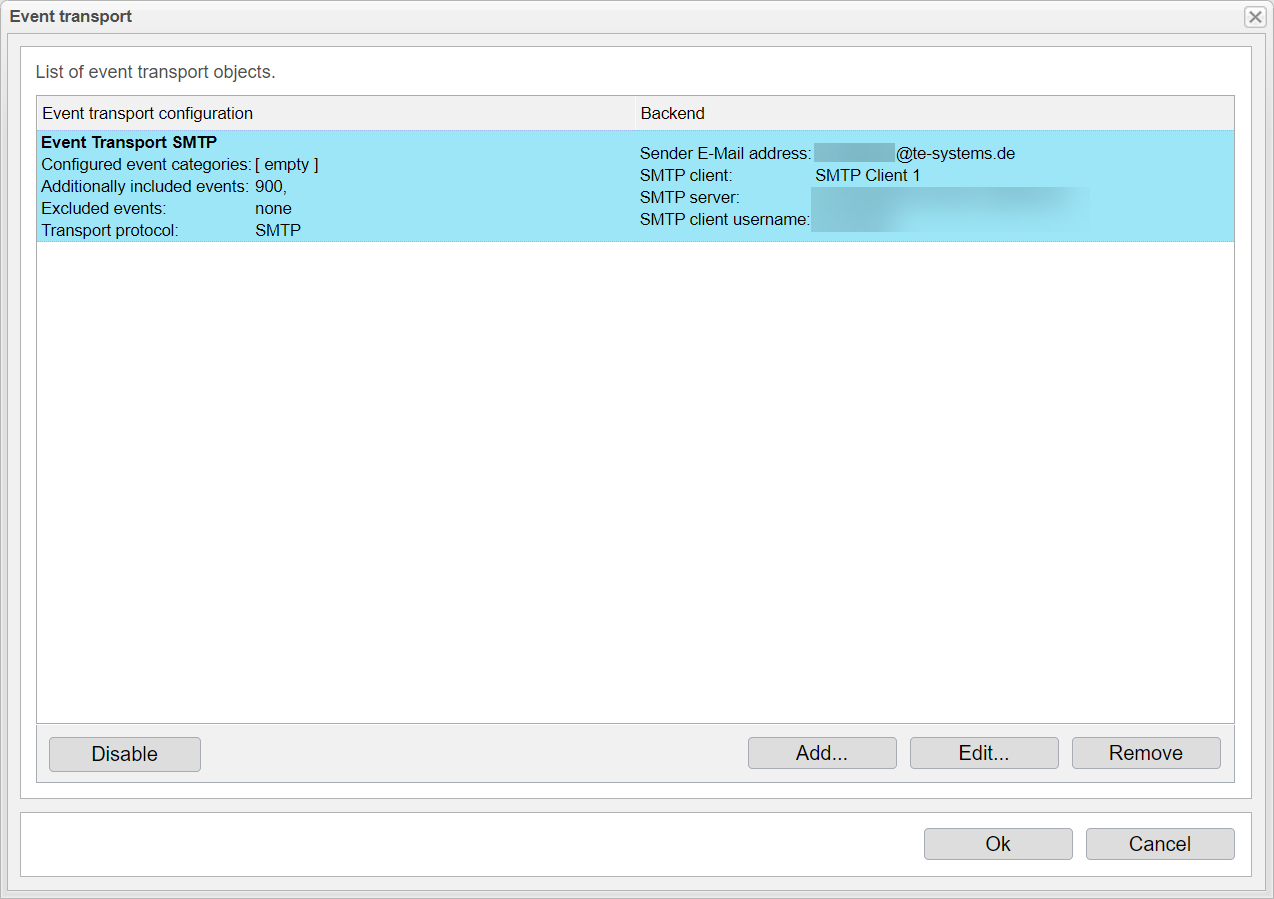 Screenshot: anynode event transport assistant with list of event transport objects.