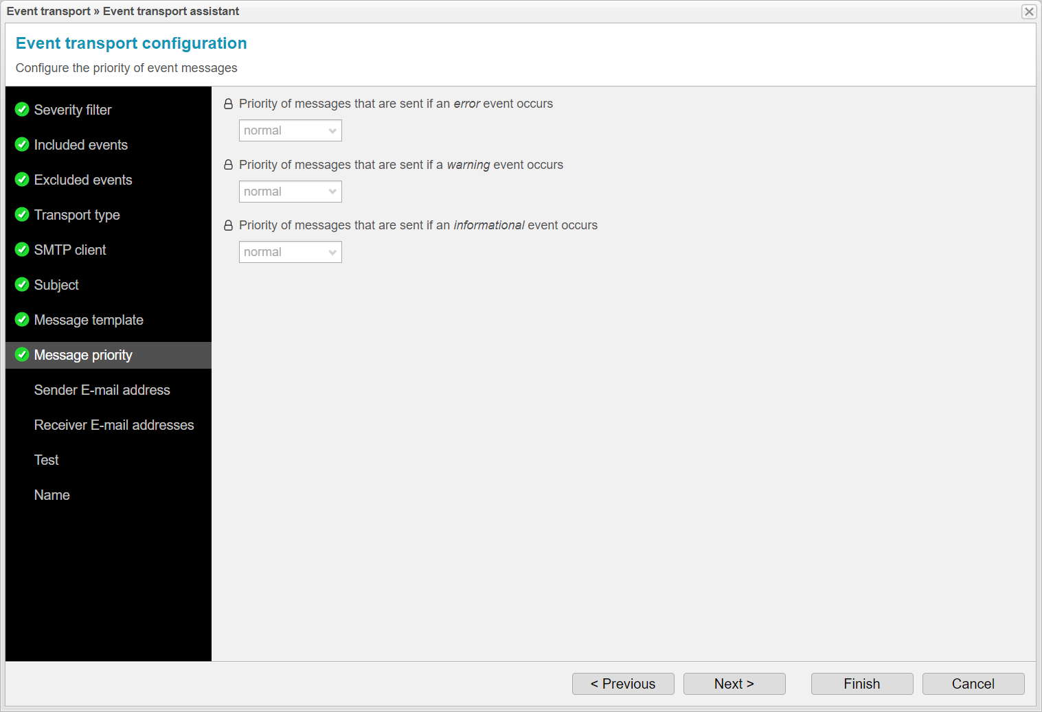 Screenshot: anynode event transport assistant with message priority.