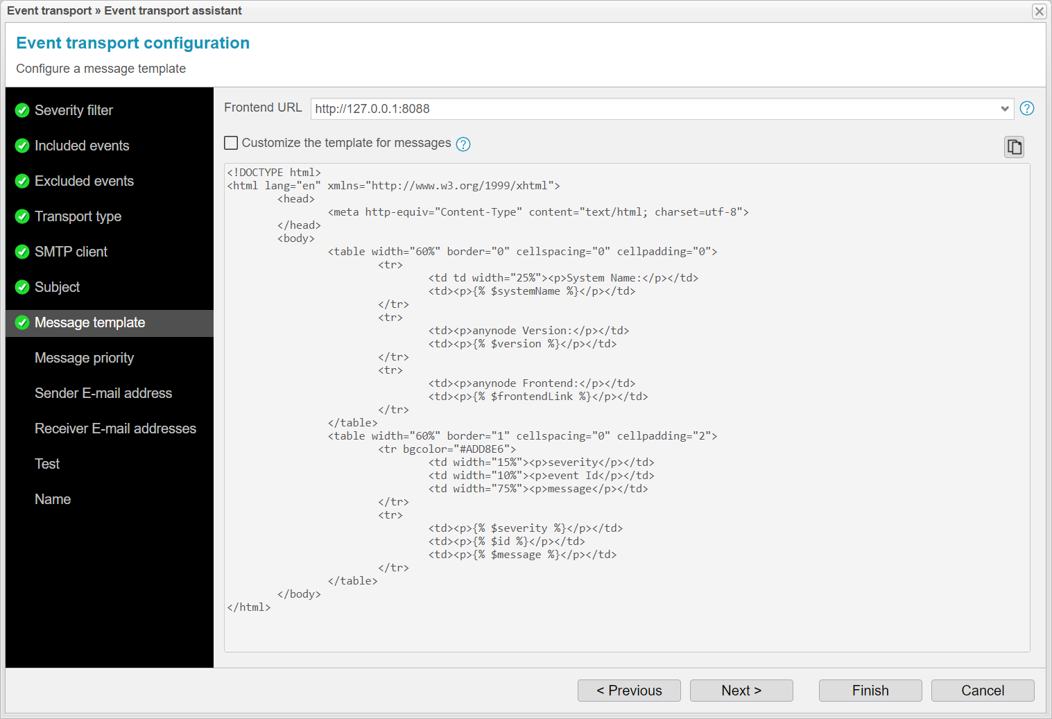 Screenshot: anynode event transport assistant with message template.