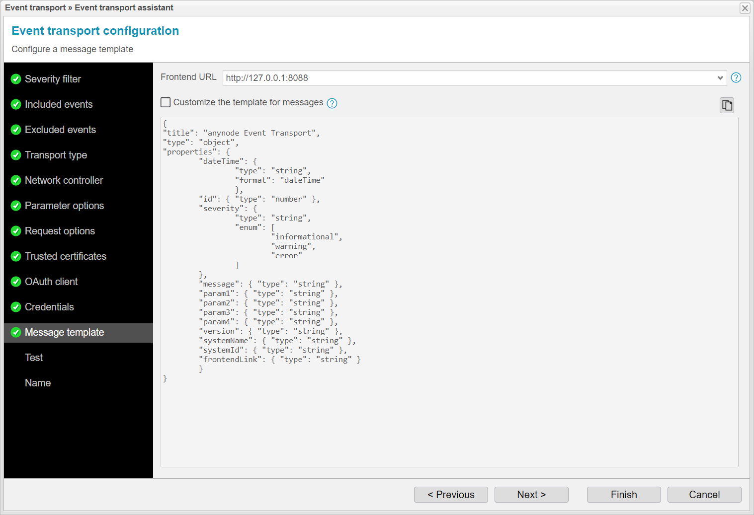 Screenshot: anynode event transport assistant with message template configuration. 