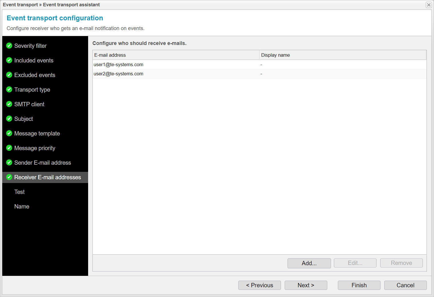 Screenshot: anynode event transport assistant with more receiver E-mail addresses.