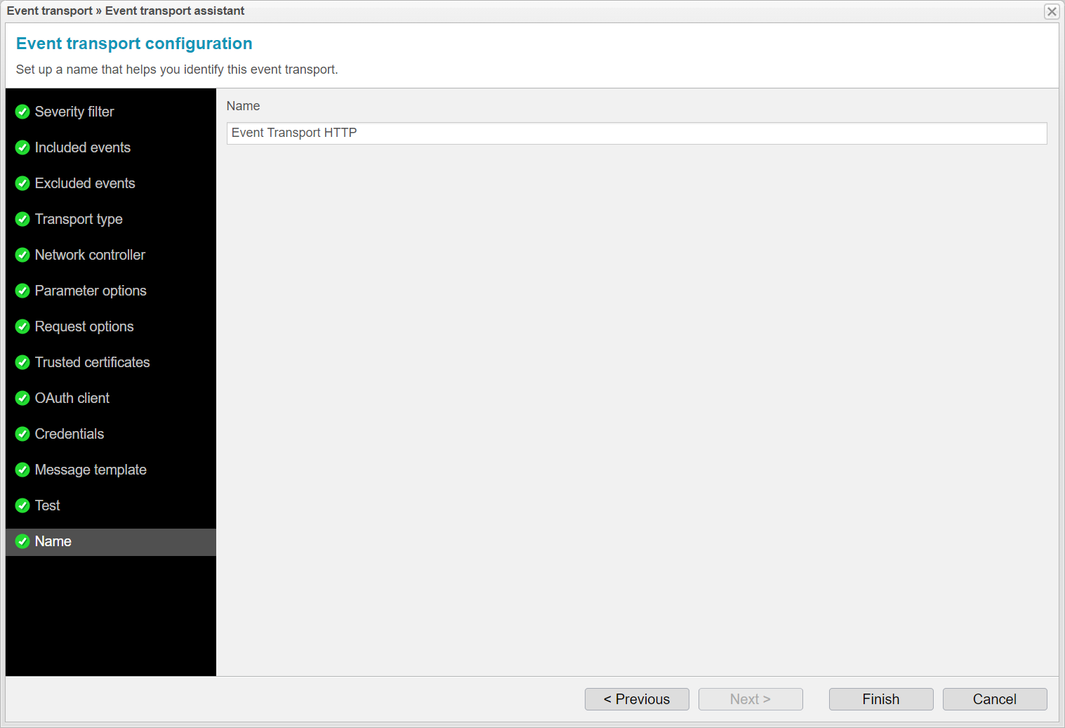 Screenshot: anynode event transport assistant with name setting that helps you identify this event transport. 