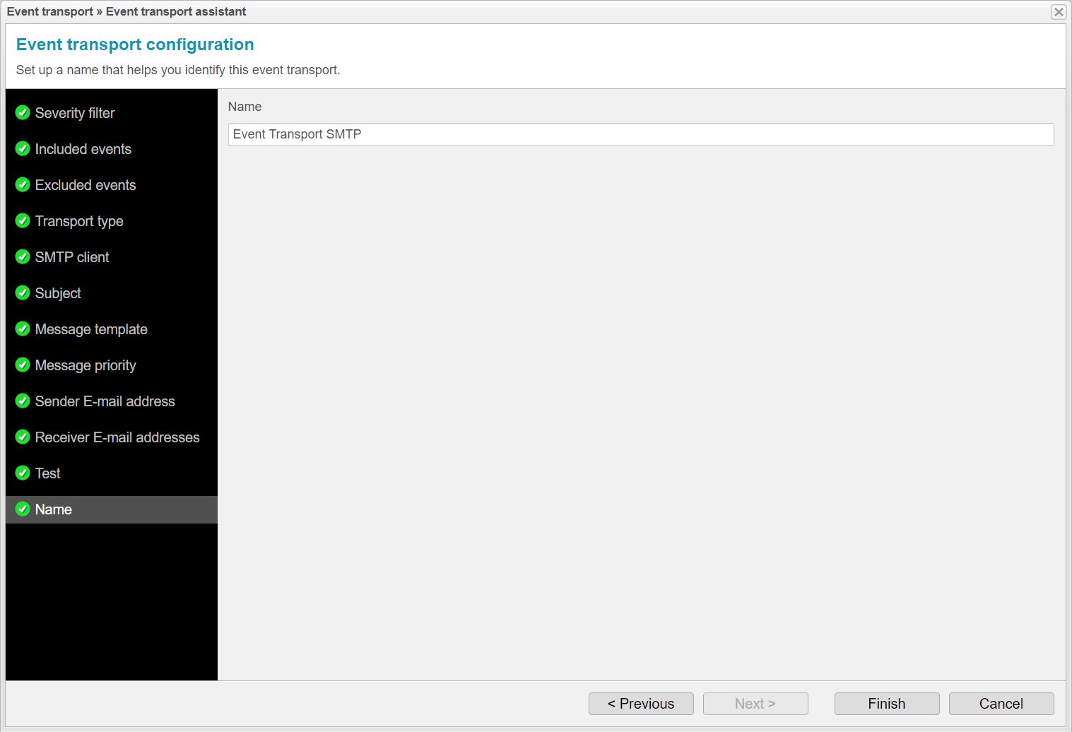 Screenshot: anynode event transport assistant with name setting.