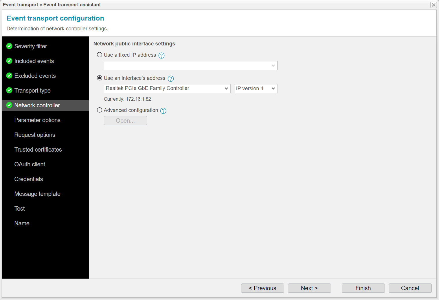 Screenshot: anynode event transport assistant with network controller settings. 