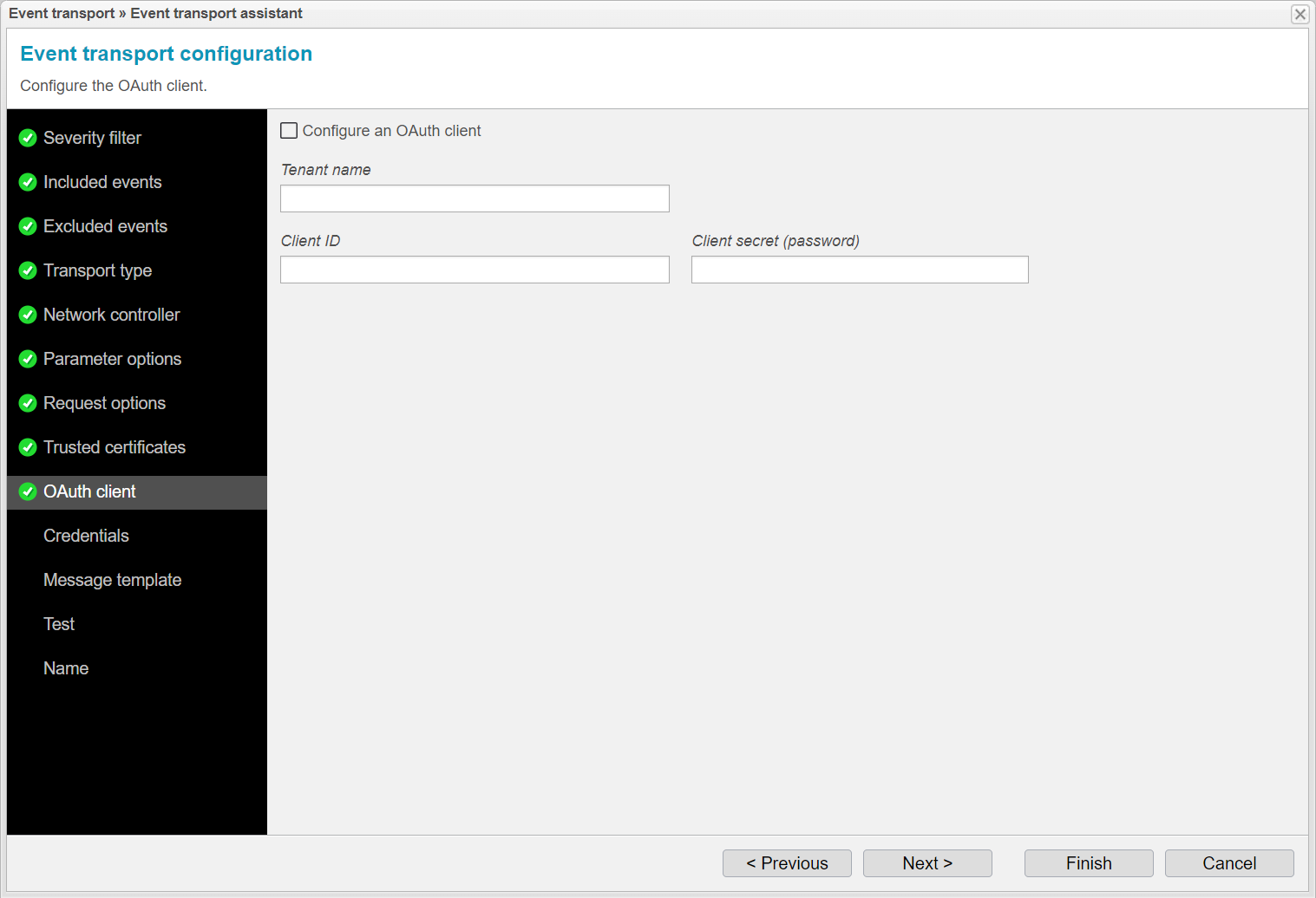 Screenshot: anynode event transport assistant with OAuth client configuration. 