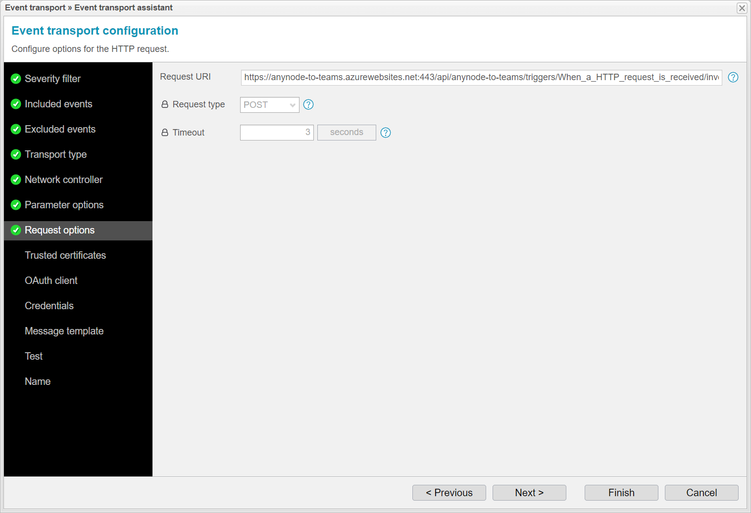 Screenshot: anynode event transport assistant with options for the HTTP request. 