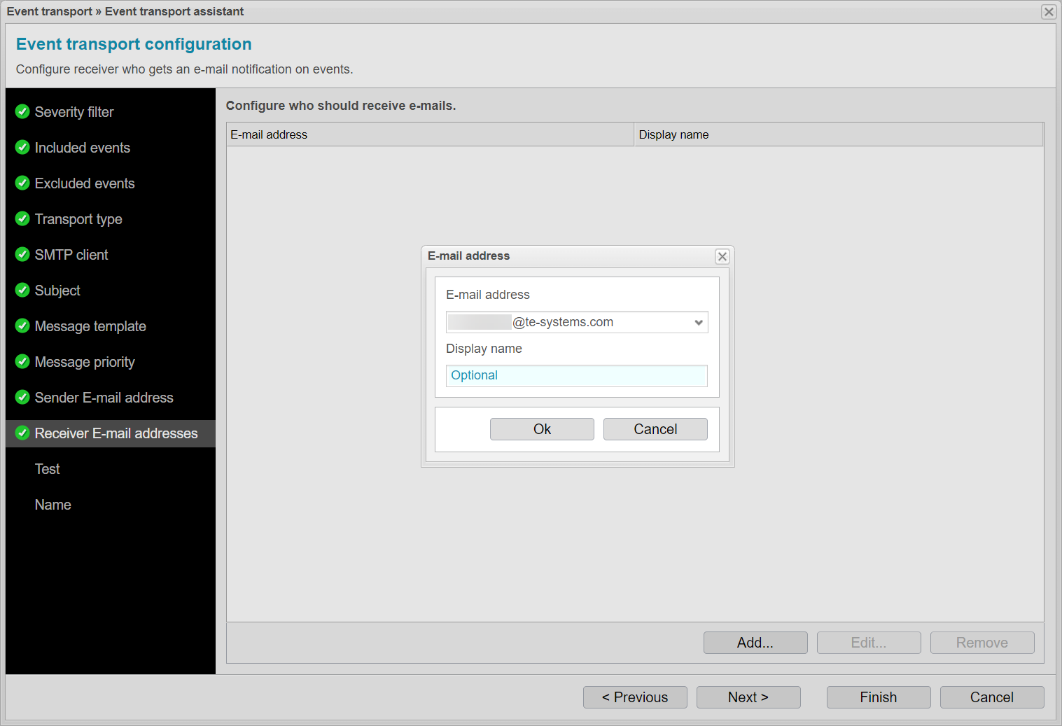 Screenshot: anynode event transport assistant with receiver E-mail addresses.