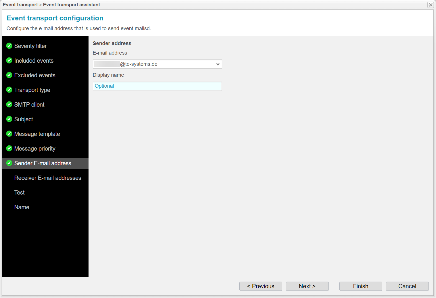 Screenshot: anynode event transport assistant with sender e-mail address.