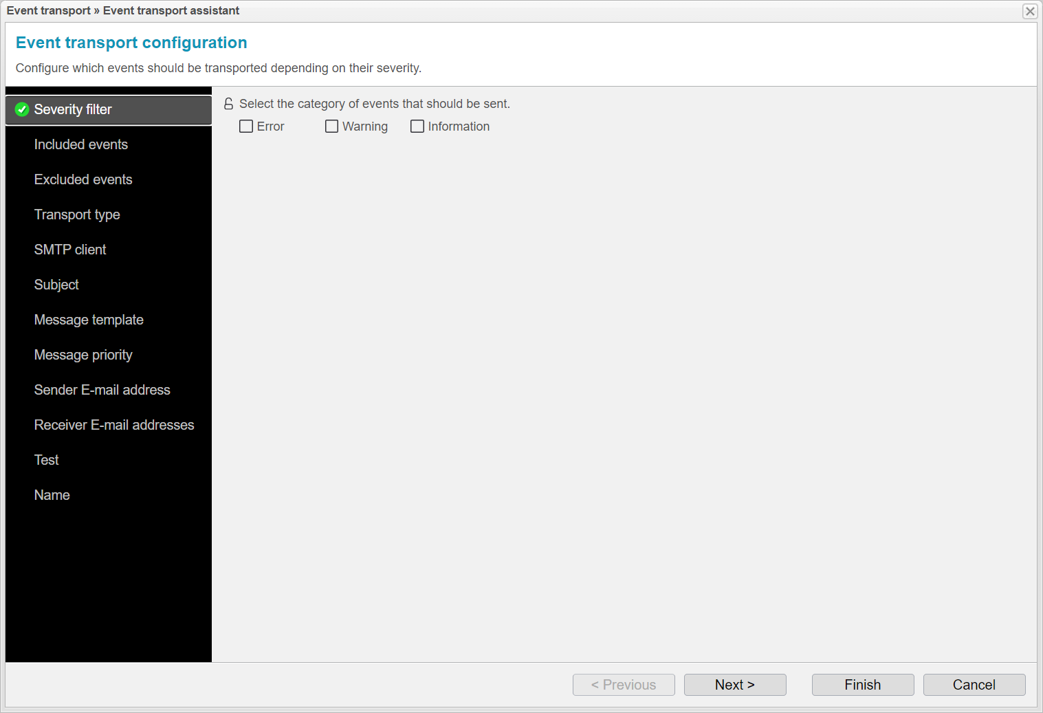 Screenshot: anynode event transport assistant with severity filter.