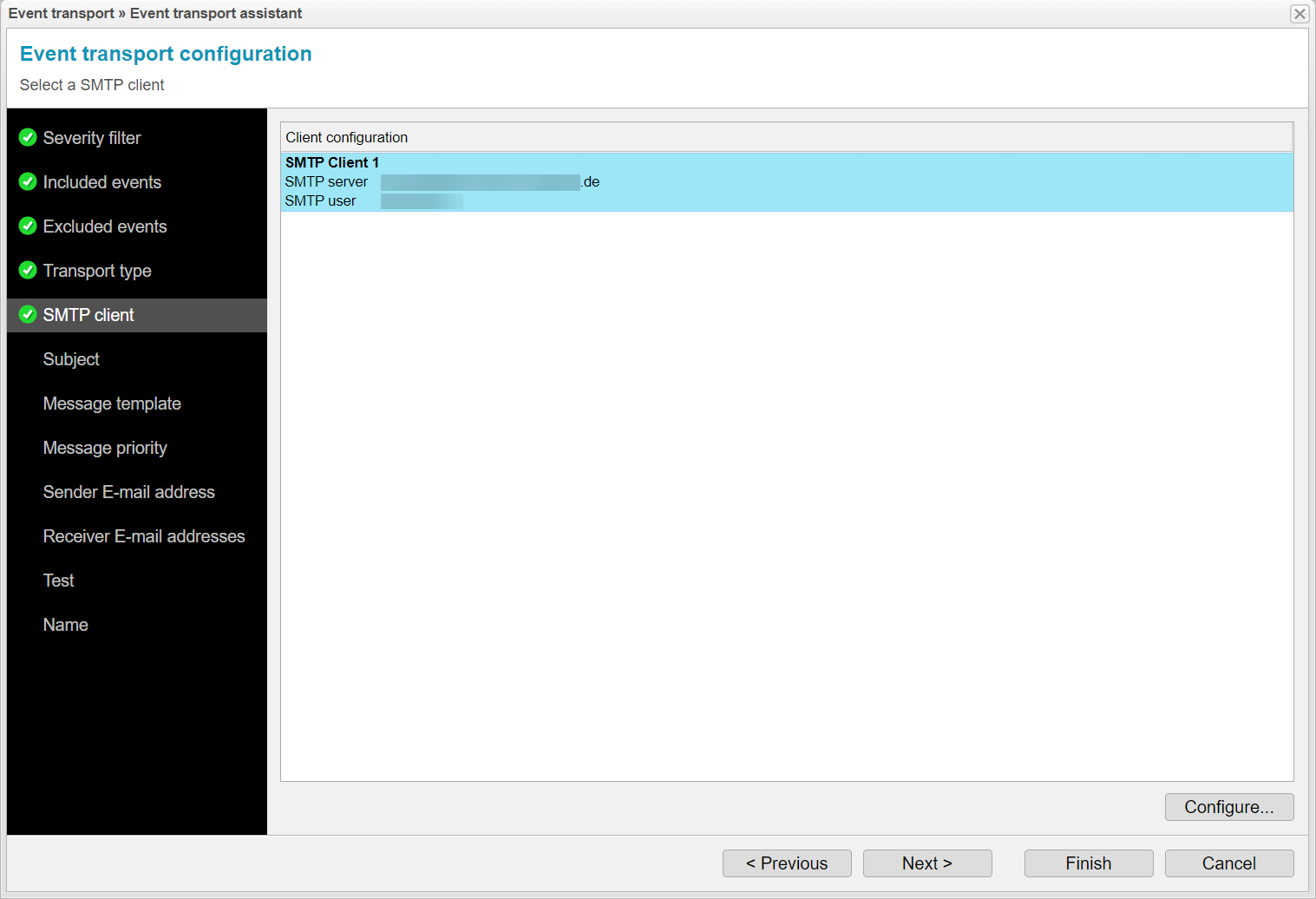 Screenshot: anynode event transport assistant with SMTP client.