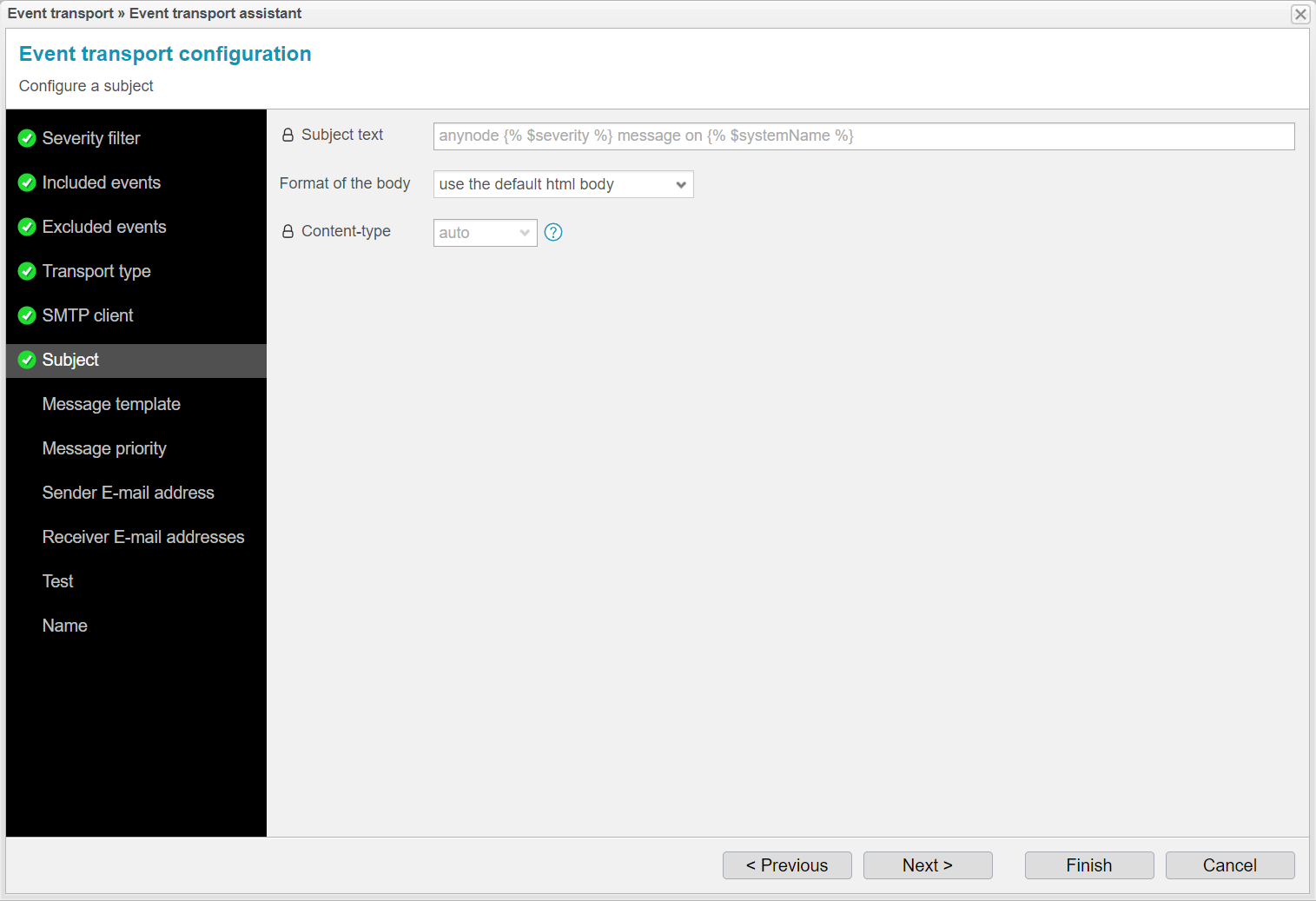 Screenshot: anynode event transport assistant with subject.