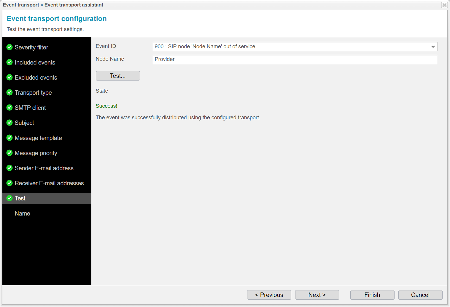 Screenshot: anynode event transport assistant with test function.