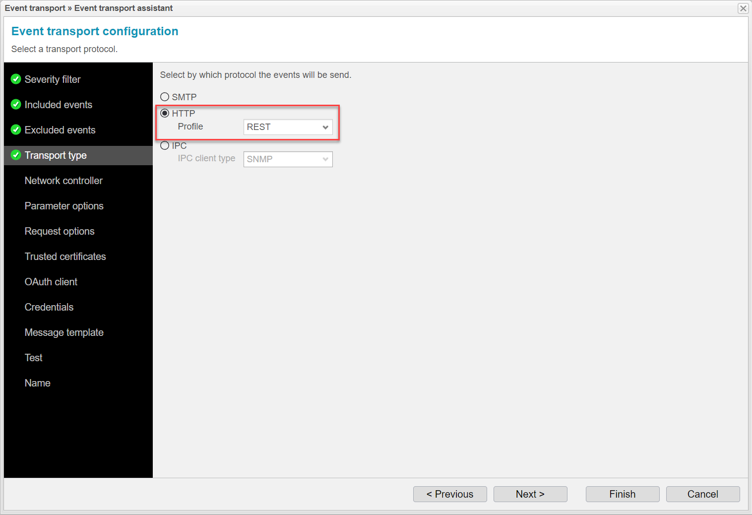 Screenshot: anynode event transport assistant with transport protocol selection. 