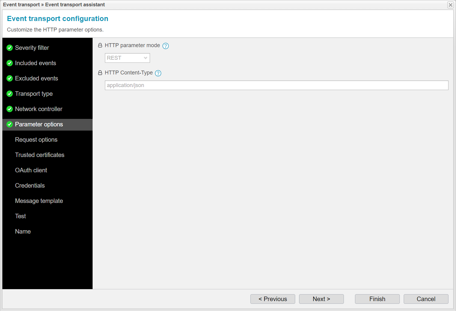 Screenshot: anynode event transport assistant with transport protocol selection. 