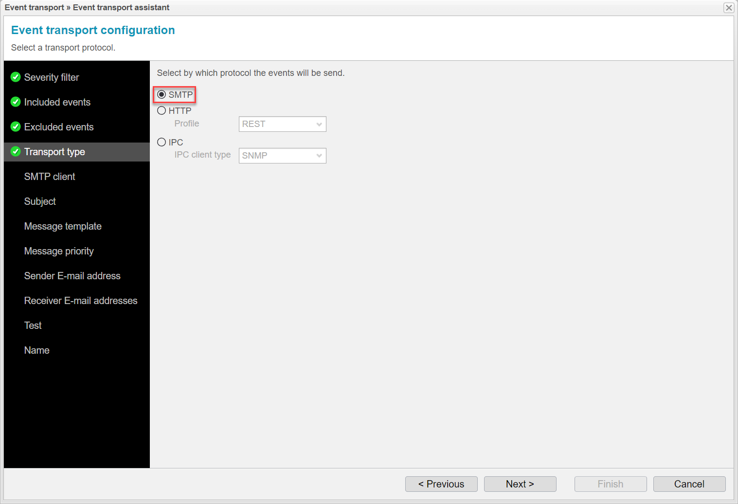 Screenshot: anynode event transport assistant with transport type.