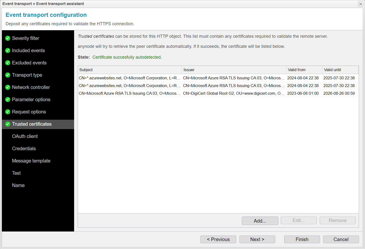 Screenshot: anynode event transport assistant with trusted certificates required to validate the HTTPS connection.  