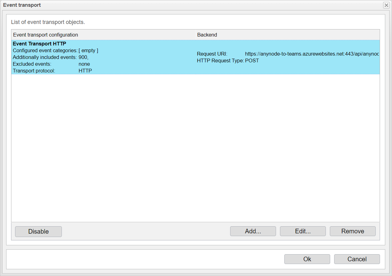 Screenshot: anynode event transport with list of event transport objects. 