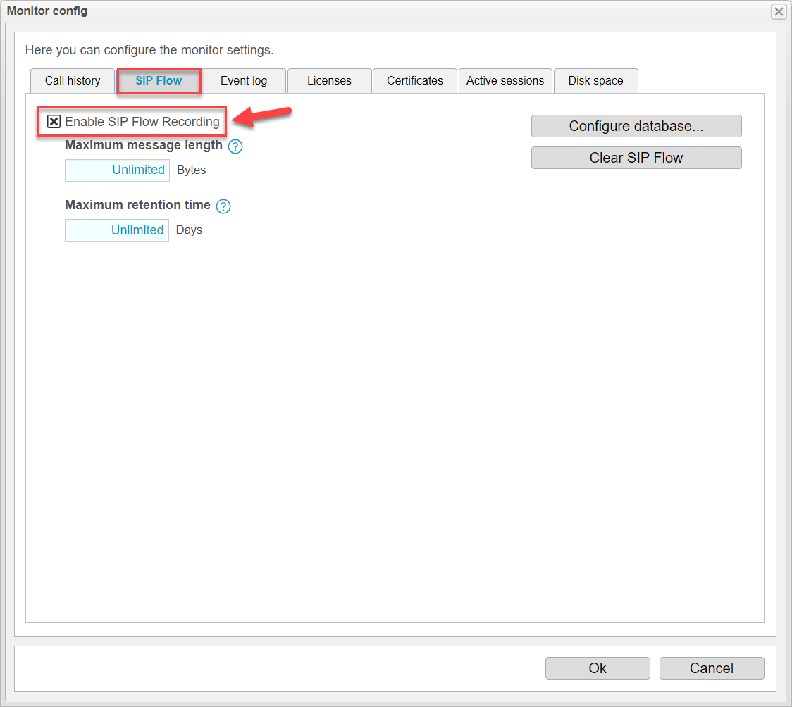 Screenshot: anynode extras menu with monitor settings and enable SIP flow recording. 