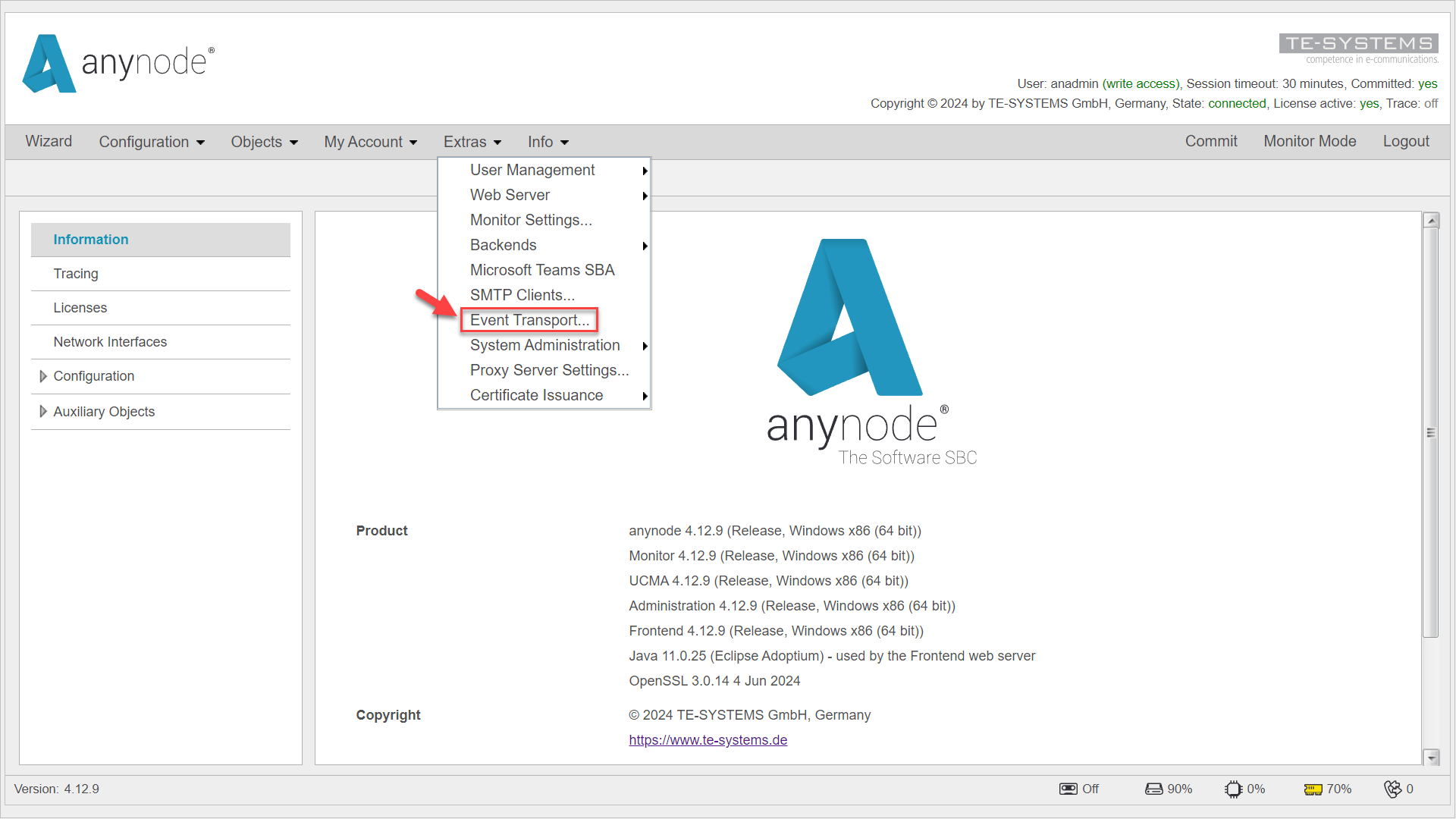 Screenshot: anynode frontend main view with extras menu and event transport.