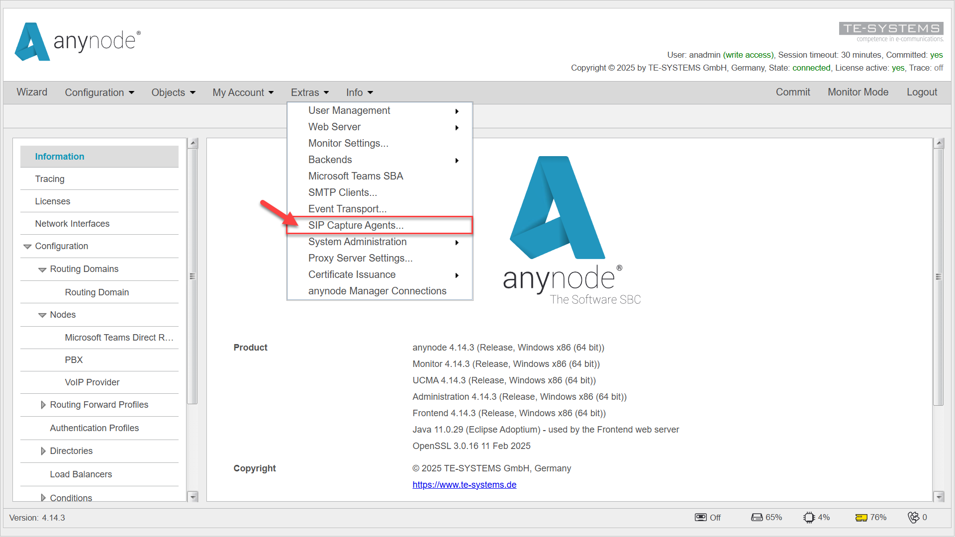 Screenshot: anynode frontend main view with extras menu and SIP capture agents function.