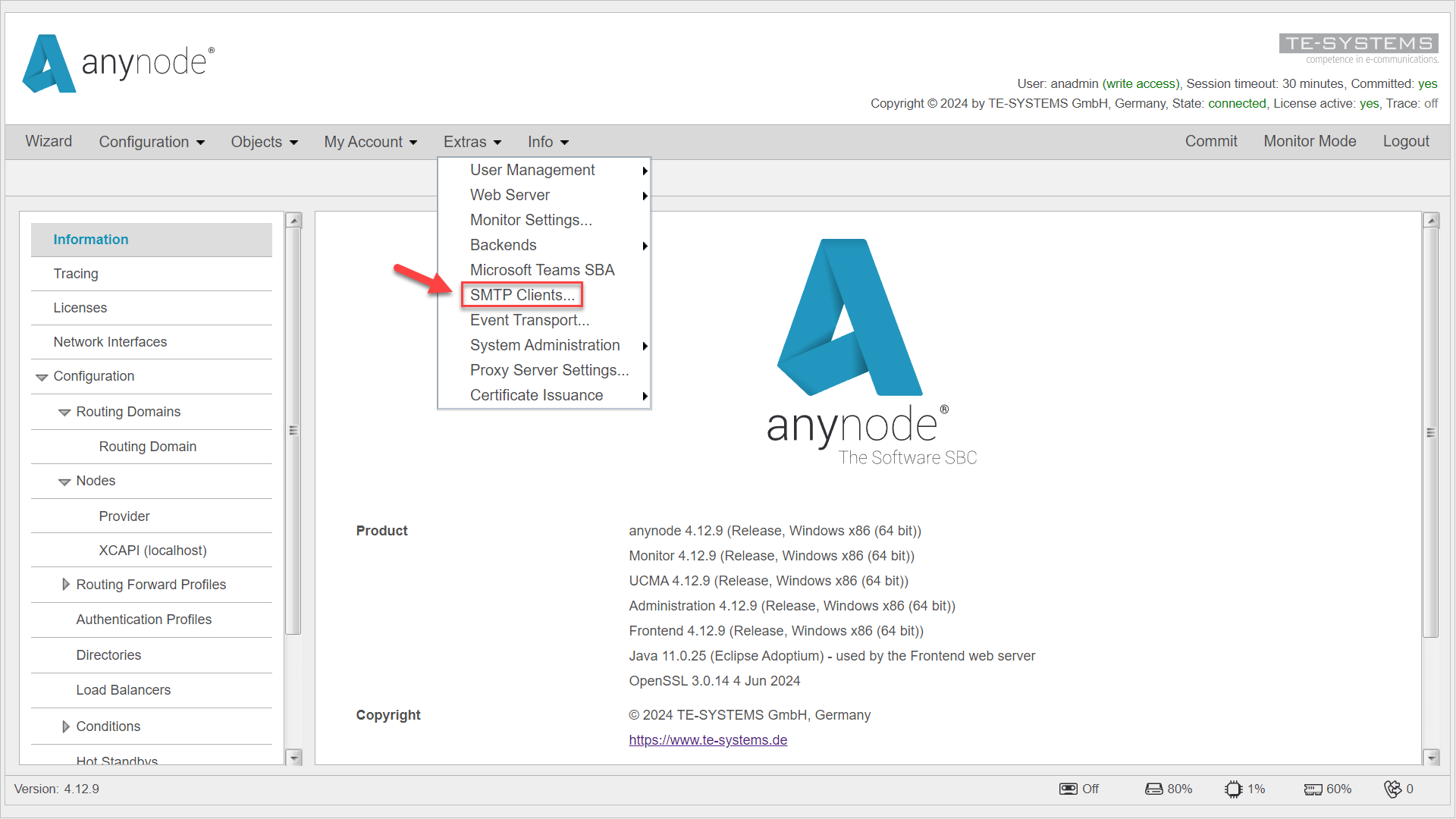 Screenshot: anynode frontend main view with extras menu.