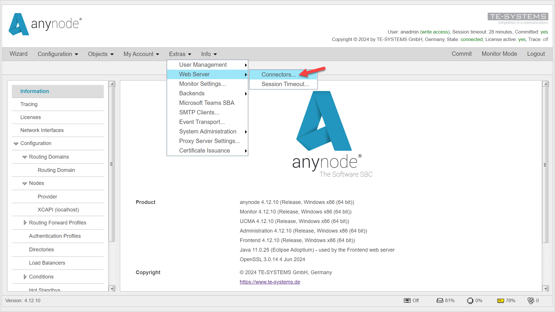 Screenshot: anynode frontend main view with extras menu. 
