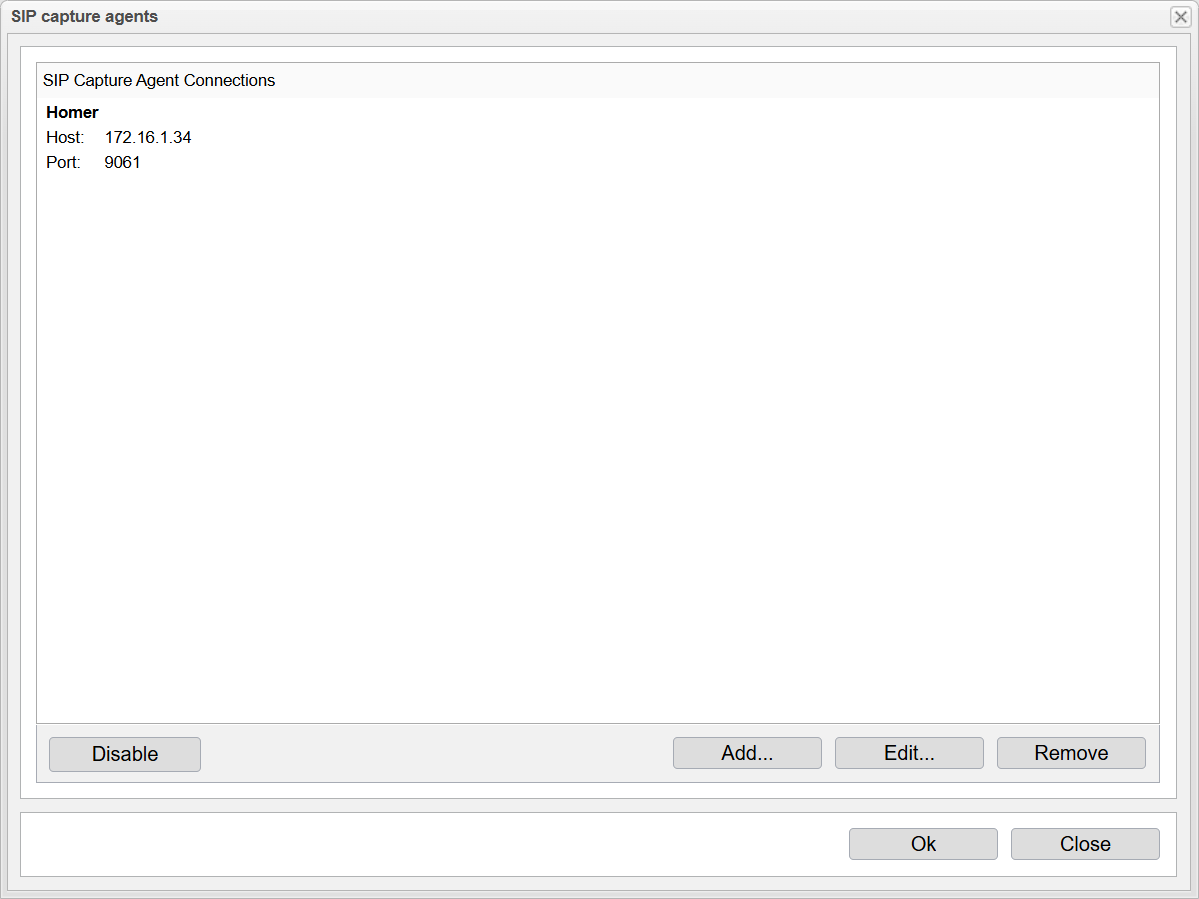 Screenshot: anynode frontend with list of configured SIP capture agents.