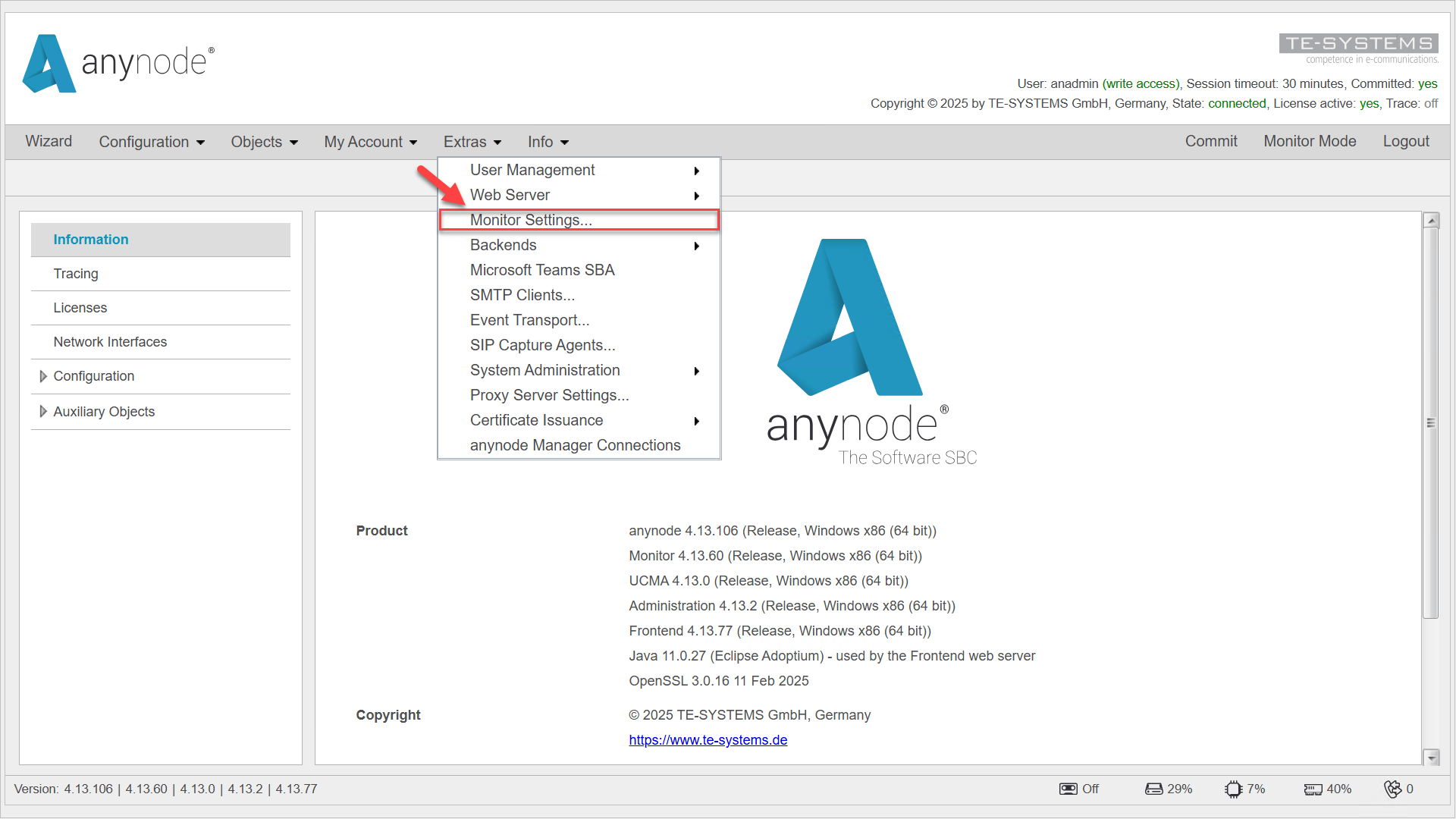  Screenshot: anynode frontend with main menu with extras and monitor settings.
