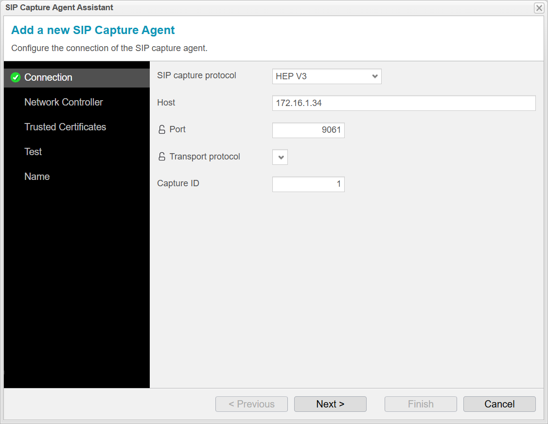 Screenshot: anynode frontend with SIP capture agent assistant and connection configuration.