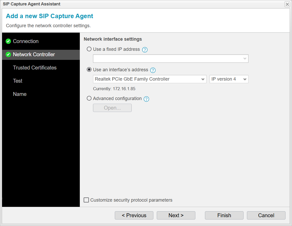 Screenshot: anynode frontend with SIP capture agent assistant and network controller settings.
