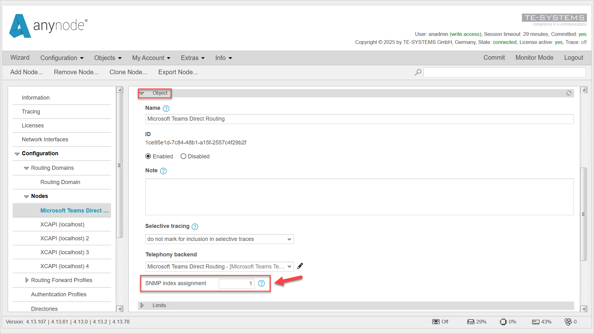 Screenshot: anynode frontend with SNMP index assignment in the Microsoft Teams node object. 