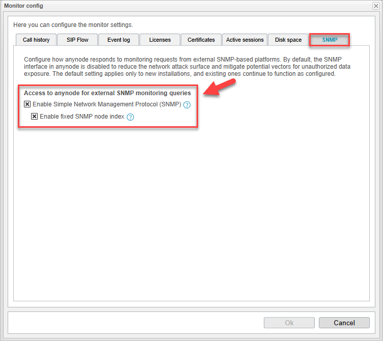 Screenshot: anynode frontend with SNMP settings in the monitor configuration.  