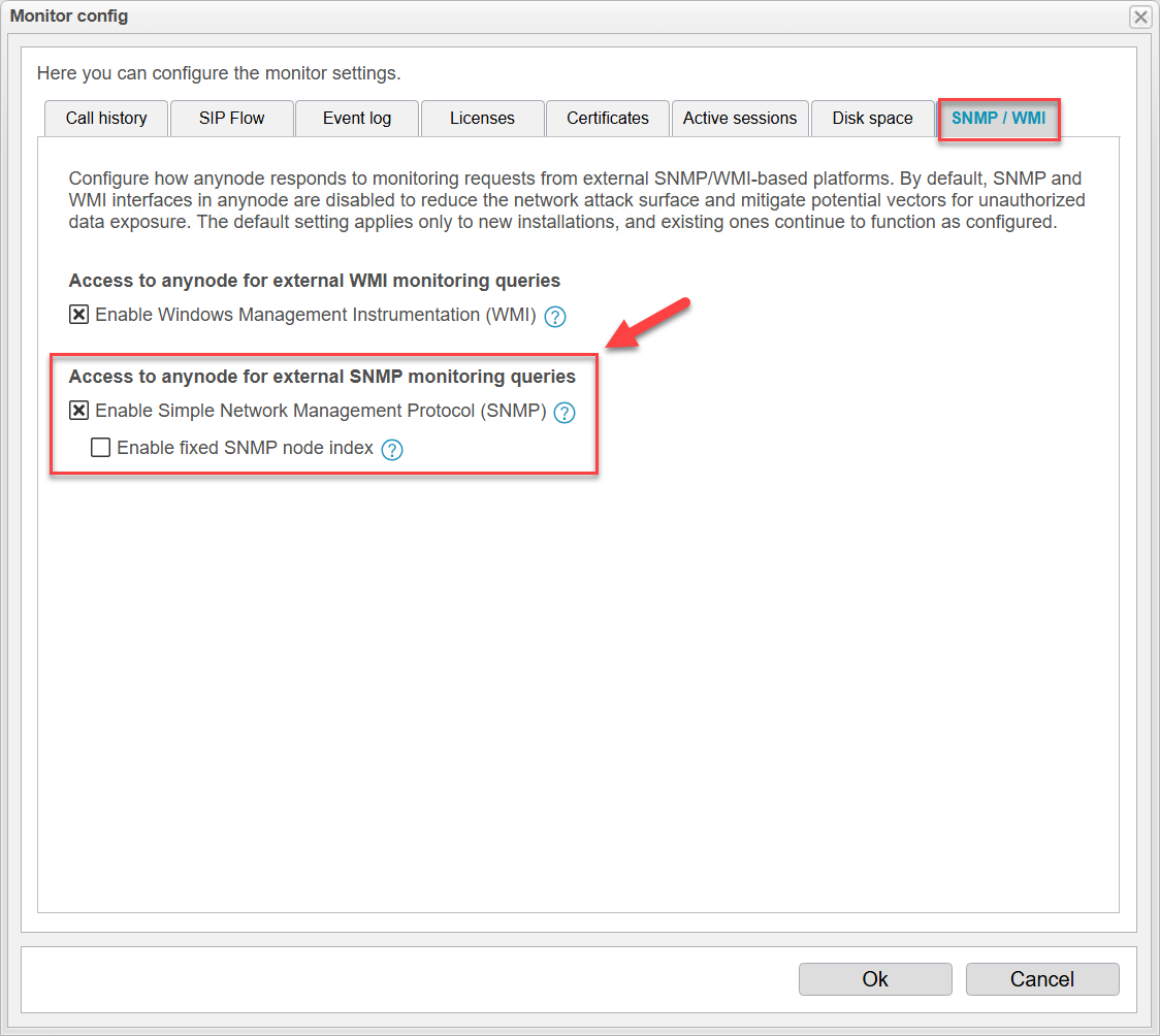 Screenshot: anynode frontend with SNMP / WMI settings in the monitor configuration.  Access to 