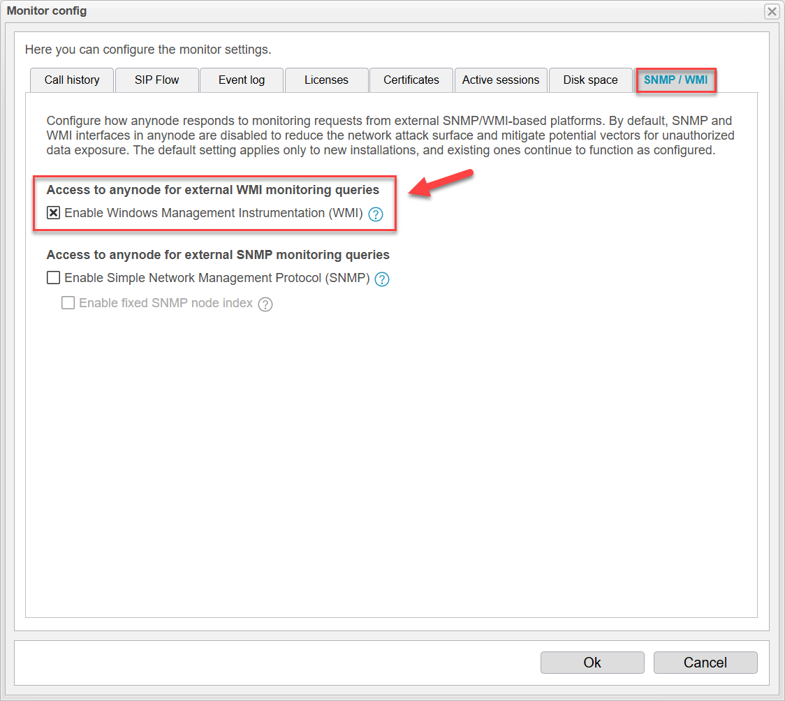 Screenshot: anynode frontend with SNMP / WMI settings in the monitor configuration.