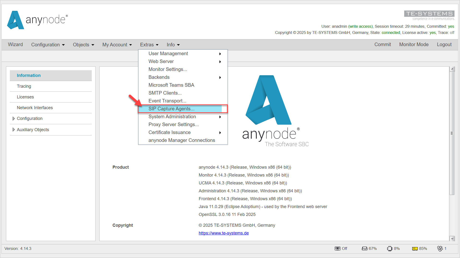 Screenshot: anynode frontent main view with extras and SIP capture agents menu.