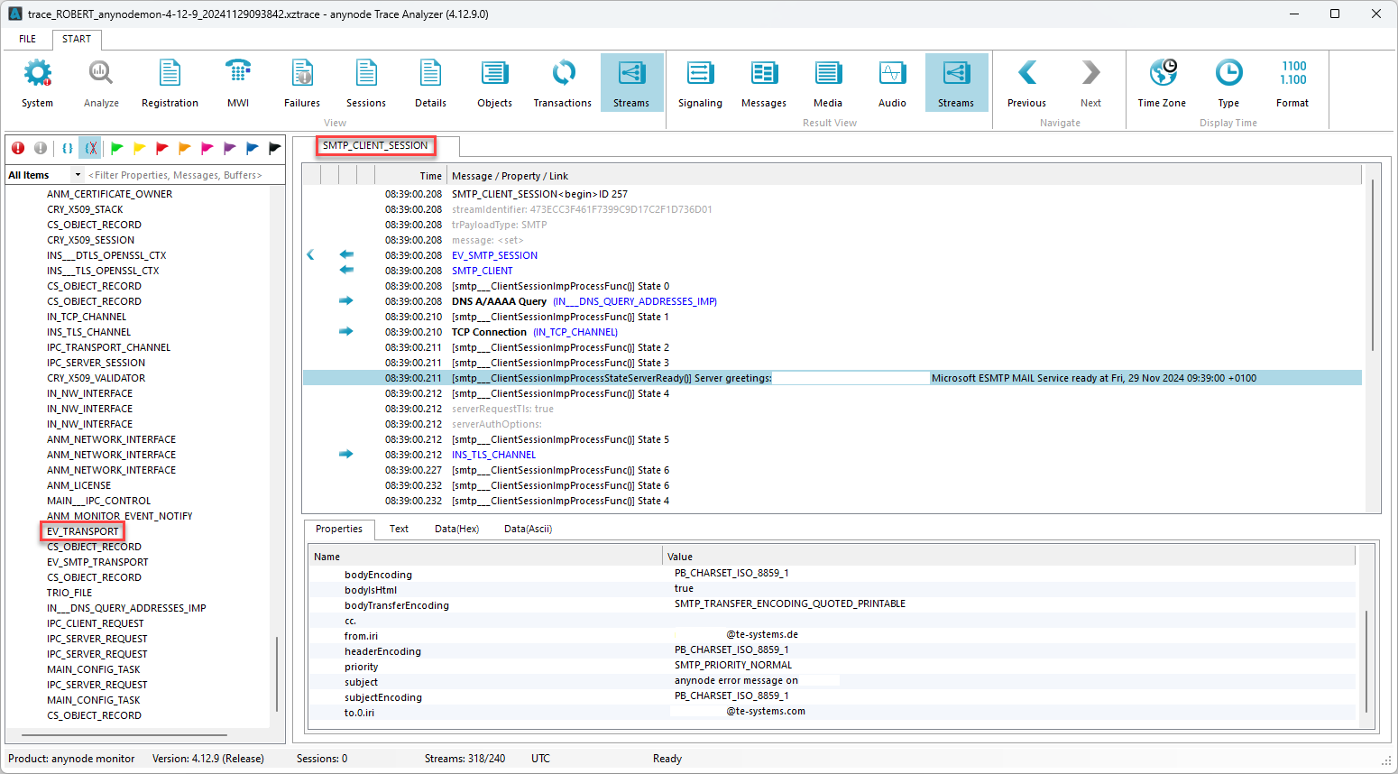Screenshot: anynode monitor trace showing SMTP_Client_Session.