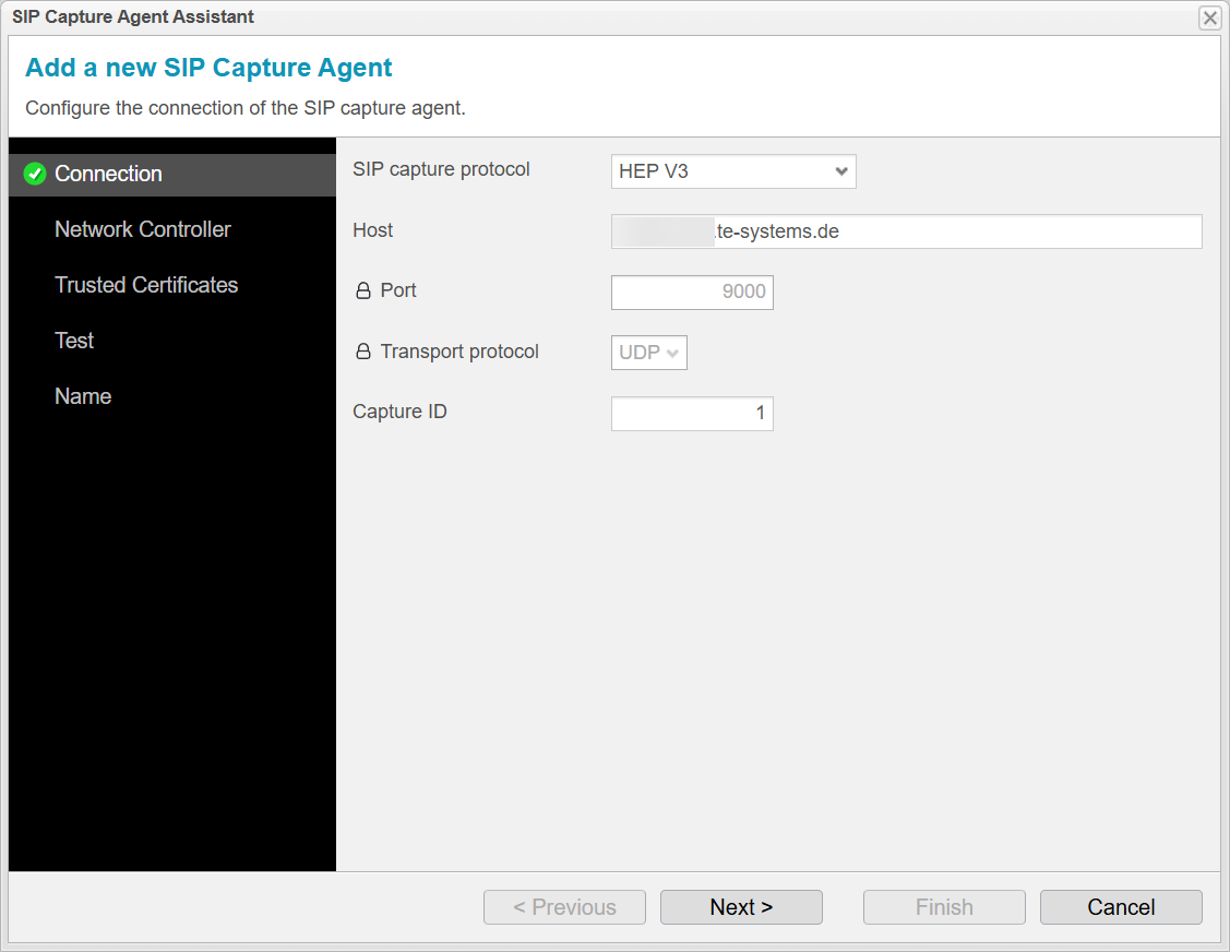 Screenshot: anynode SIP capture agent assistant with connection settings.