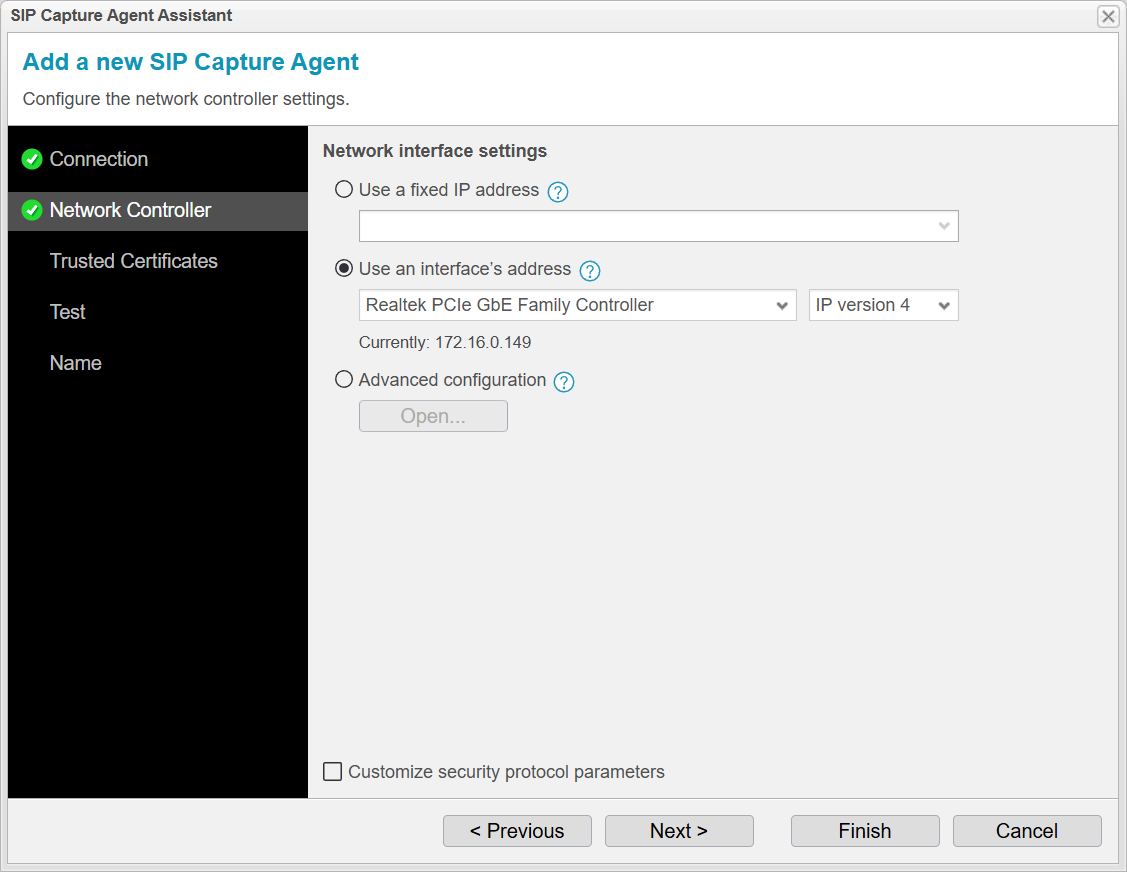 Screenshot: anynode SIP capture agent assistant with network controller settings.