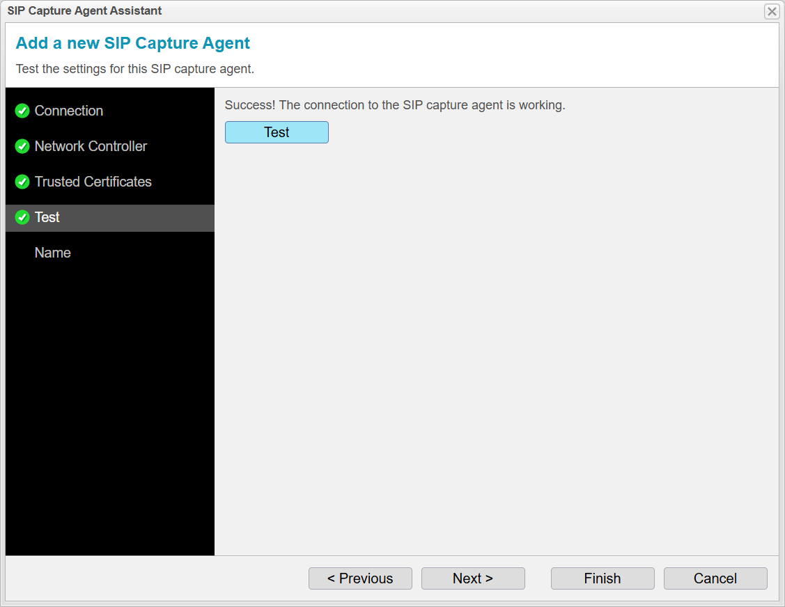 Screenshot: anynode SIP capture agent assistant with test function.