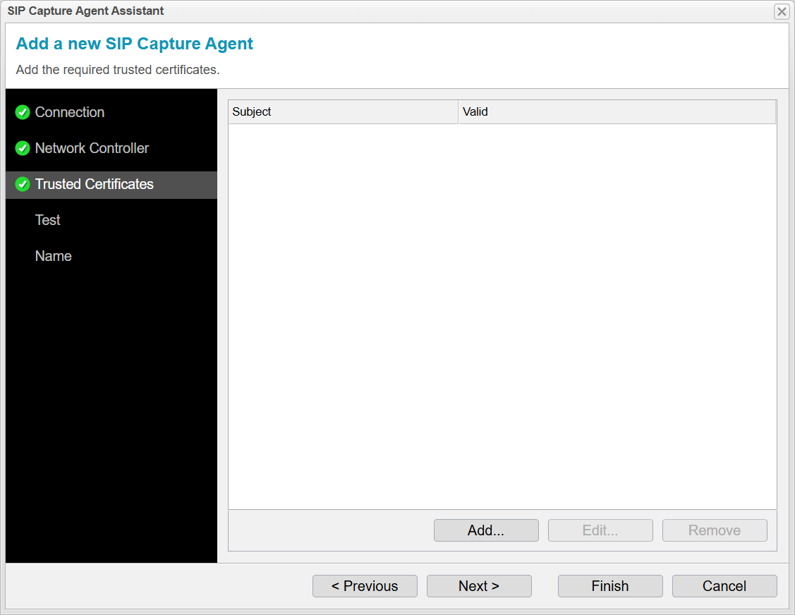 Screenshot: anynode SIP capture agent assistant with trusted certificate settings.