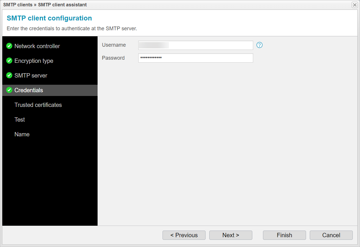 Screenshot: anynode SMTP client assistant with credentials to authenticate at the SMTP server.