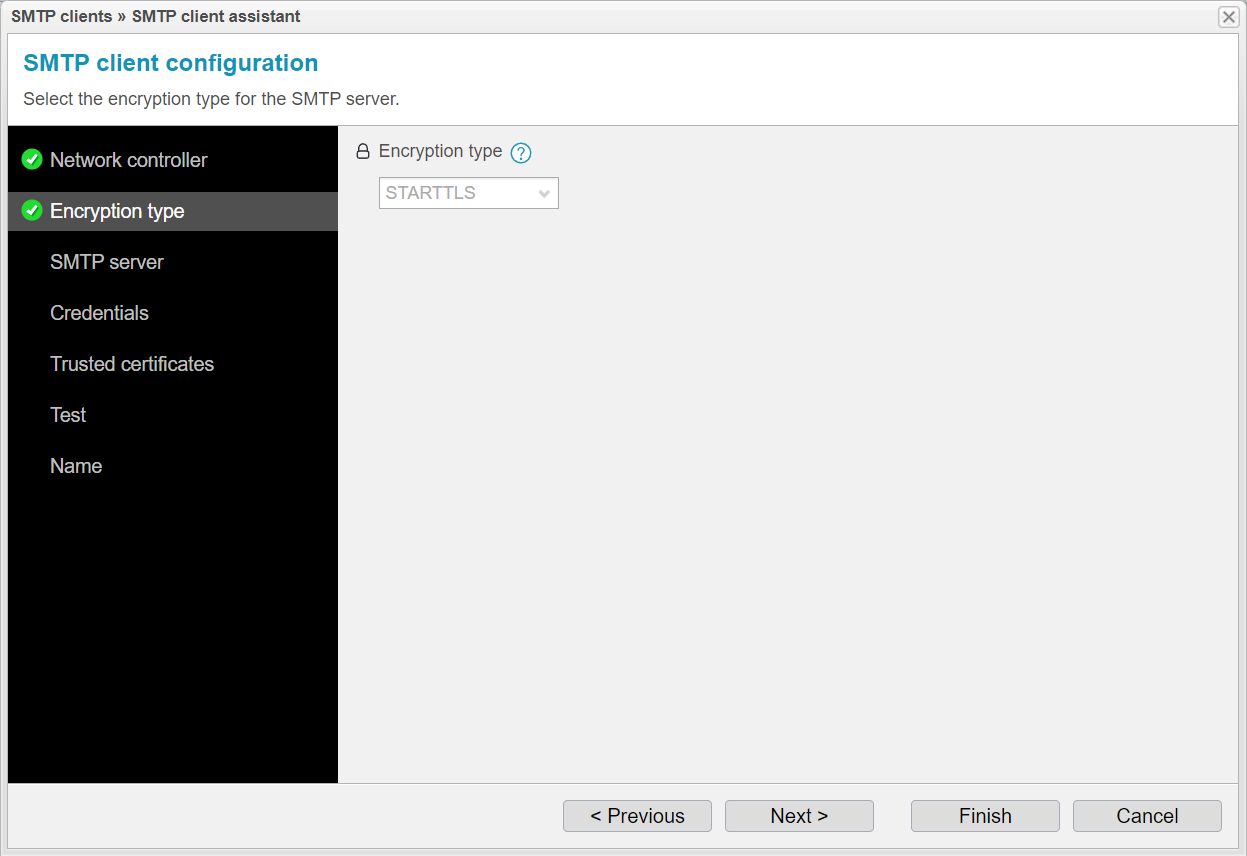 Screenshot: anynode SMTP client assistant with encryption type settings.