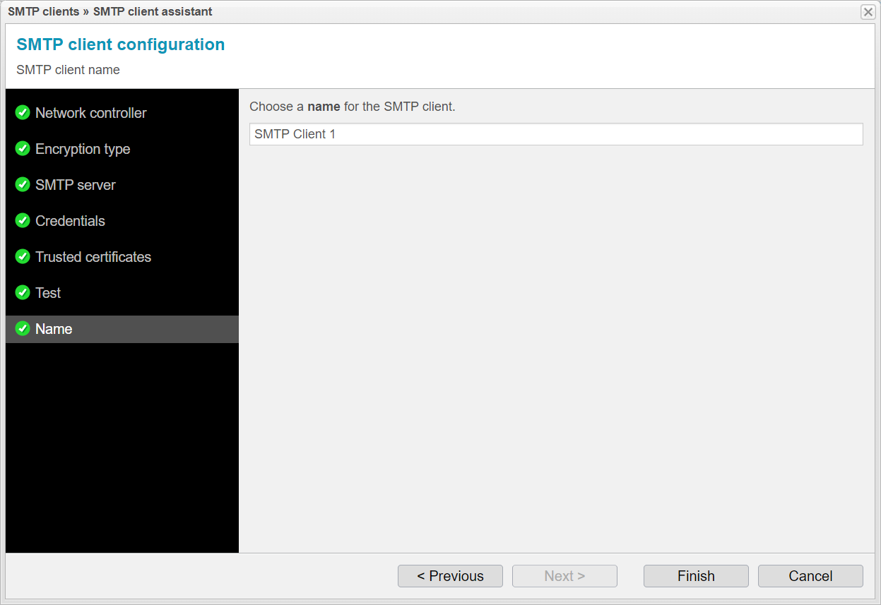 Screenshot: anynode SMTP client assistant with name settings.