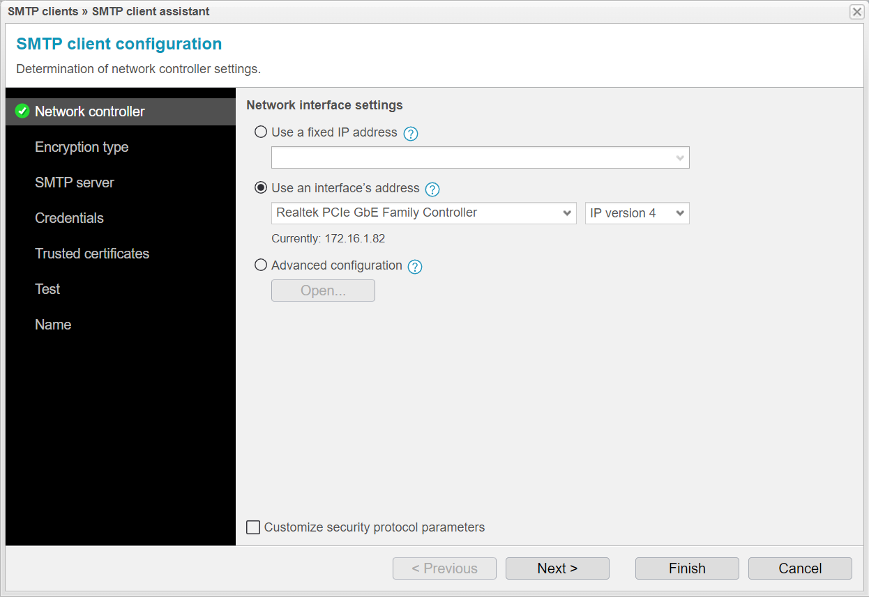 Screenshot: anynode SMTP client assistant with network controller settings.