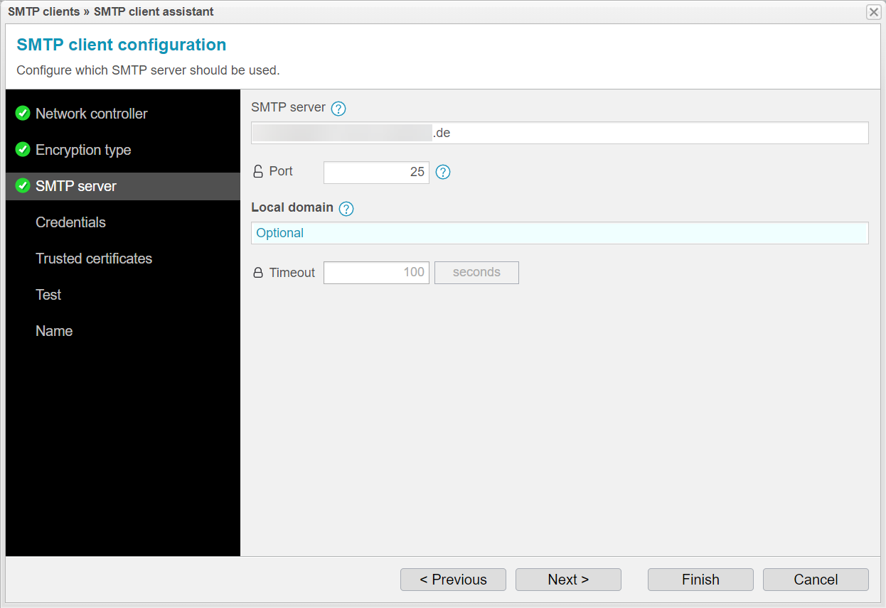 Screenshot: anynode SMTP client assistant with SMTP server settings.
