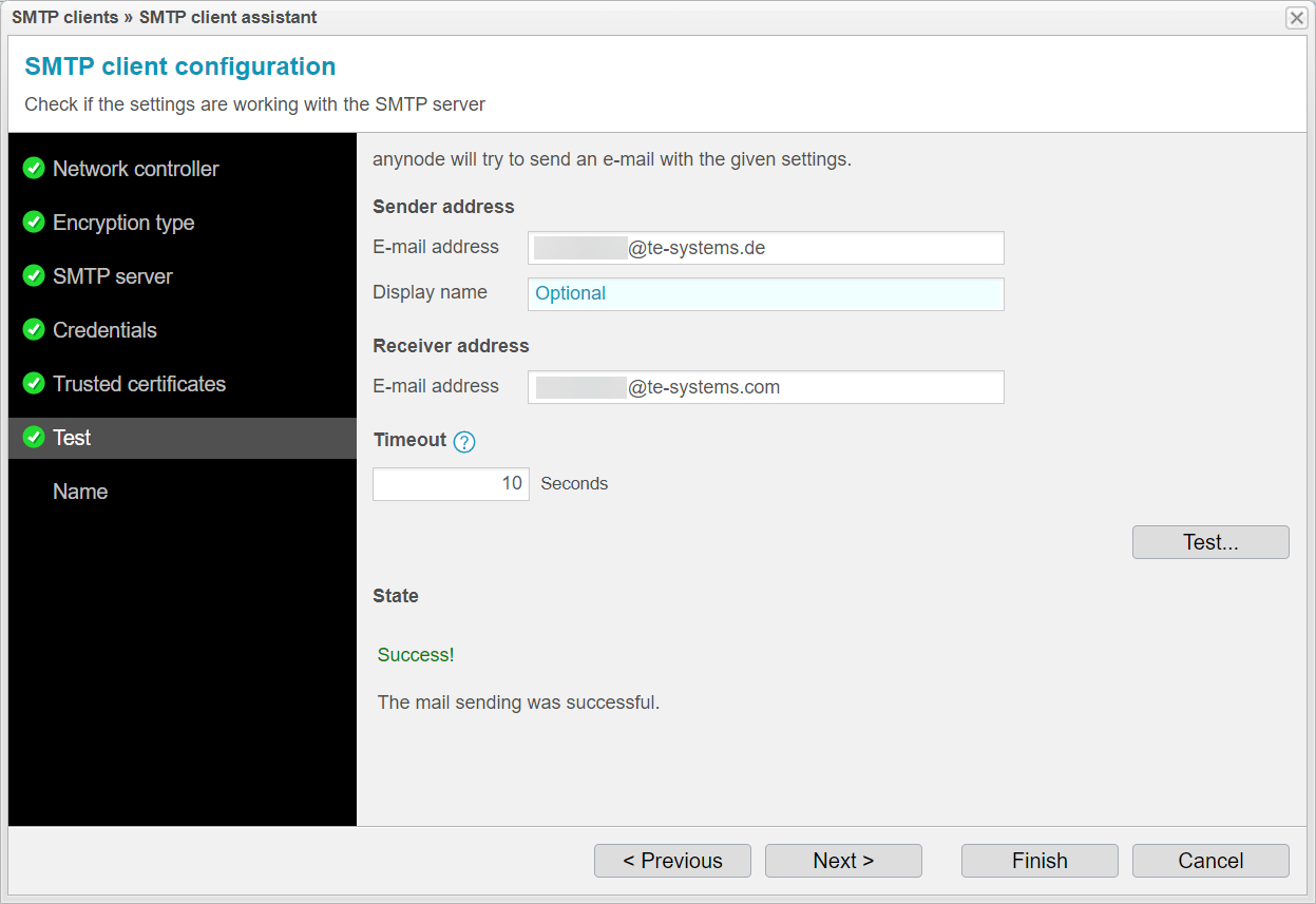 Screenshot: anynode SMTP client assistant with test function.